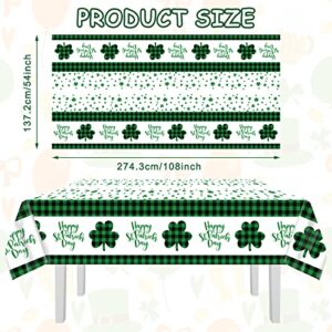 Whaline 3Pcs St. Patrick's Day Disposable Tablecloth Green Black Buffalo Plaid Shamrock Pattern Rectangle Plastic Table Cover Irish Holiday Table Cloth for Picnic Dinner Table Decor, 54 x 108 Inch