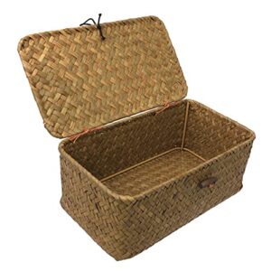 alipis desktop stand storage drawers straw basket with lid seagrass storage basket bins, desktop makeup organizer sundries storage box rattan lidded box shelf bracket small basket