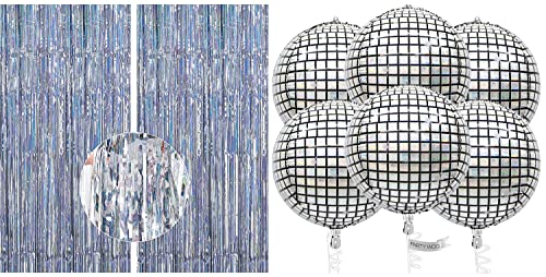 PartyWoo Foil Fringe Curtains Silver 2 pcs and 6 pcs Disco Silver Foil Balloons