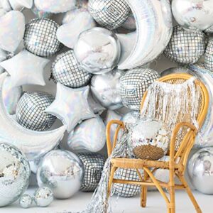 PartyWoo Foil Fringe Curtains Silver 2 pcs and 6 pcs Disco Silver Foil Balloons