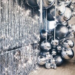 PartyWoo Foil Fringe Curtains Silver 2 pcs and 6 pcs Disco Silver Foil Balloons