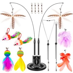 hosfroll cat toys wand, interactive cat toy with super suction cup sticky detachable 12 pcs feather replacements 2 wands cat spring feather toys for indoor cats kitten toys (8 toys double headed)