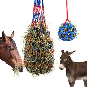 woiworco 2 packs horse treat balls and hay nets, 5.3 inches horses balls toy and 37.5 inches long 2 x 2-inch hay nets, slow feed hay feed hanging feeding supplies for horses and goats to play with