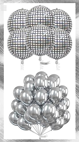 PartyWoo Metallic Silver Balloons 50 pcs 12 Inch and Disco Silver Foil Balloons 6 pcs