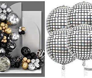 PartyWoo 140 pcs Black and Gold Balloon Arch Kit and 6 pcs Disco Silver Foil Balloons