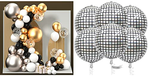 PartyWoo Black and Gold Balloon Garland Kit 100 pcs and 6 pcs Disco Silver Foil Balloons