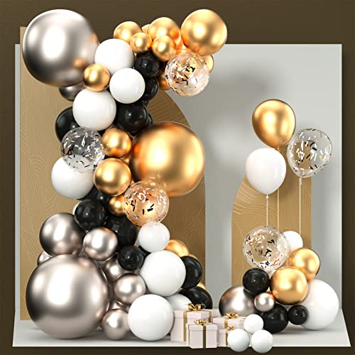 PartyWoo Black and Gold Balloon Garland Kit 100 pcs and 6 pcs Disco Silver Foil Balloons