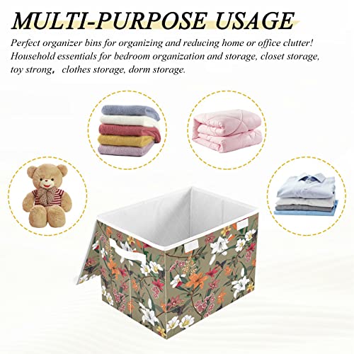 Colorful Flowers Storage Basket 16.5x12.6x11.8 In Collapsible Fabric Storage Cubes Organizer Large Storage Bin with Lids and Handles for Shelves Bedroom Closet Office