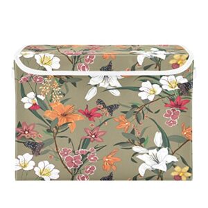 Colorful Flowers Storage Basket 16.5x12.6x11.8 In Collapsible Fabric Storage Cubes Organizer Large Storage Bin with Lids and Handles for Shelves Bedroom Closet Office