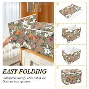 Colorful Flowers Storage Basket 16.5x12.6x11.8 In Collapsible Fabric Storage Cubes Organizer Large Storage Bin with Lids and Handles for Shelves Bedroom Closet Office