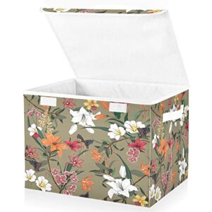 Colorful Flowers Storage Basket 16.5x12.6x11.8 In Collapsible Fabric Storage Cubes Organizer Large Storage Bin with Lids and Handles for Shelves Bedroom Closet Office