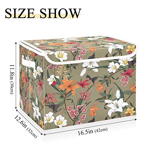 Colorful Flowers Storage Basket 16.5x12.6x11.8 In Collapsible Fabric Storage Cubes Organizer Large Storage Bin with Lids and Handles for Shelves Bedroom Closet Office