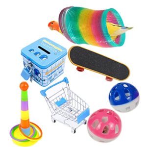 Dft Bird Toys, 6 Kinds Bird Training Toys Set Include Stacking Rings Skateboard Metal Trolley Coin Jar Bell Ball Toy to Improve IQ