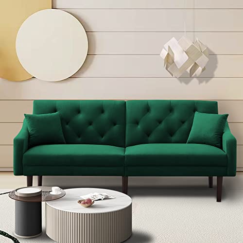 OYN Modern Velvet Upholstered Futon Sofa (72.8”x31.1”x30.3”H), Longer Loveseat Convertible Sleeper Couch Bed for Living Room Apartment Small Space Furniture Sets with 2 Pillows,Green