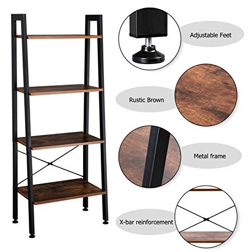 Vasitelan Ladder Shelf Bookshelf, Storage Rack, Bookcase with Steel Frame, for Living Room, Home Office, Kitchen, Bedroom (4 Tiers)