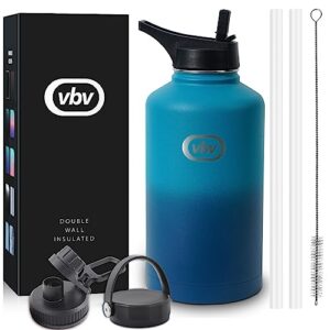 vbv insulated water bottle - 64 oz, 3 lids (straw lid), half gallon large metal stainless steel water jug, big double wall vacuum flask, leakproof keep cold & hot for sports and travel