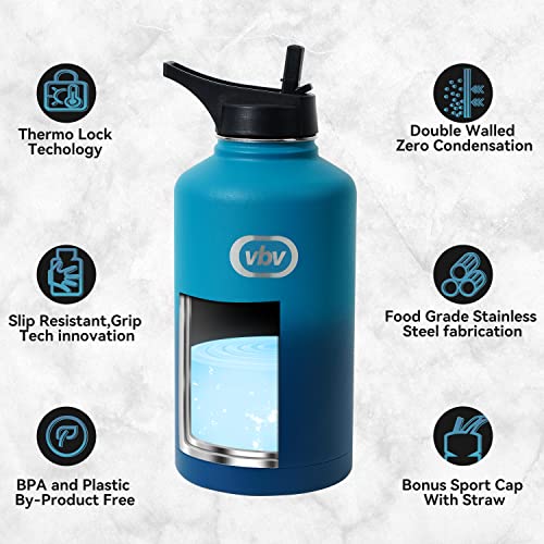 vbv Insulated Water Bottle - 64 Oz, 3 Lids (Straw Lid), Half Gallon Large Metal Stainless Steel Water Jug, Big Double Wall Vacuum Flask, Leakproof Keep Cold & Hot for Sports and Travel