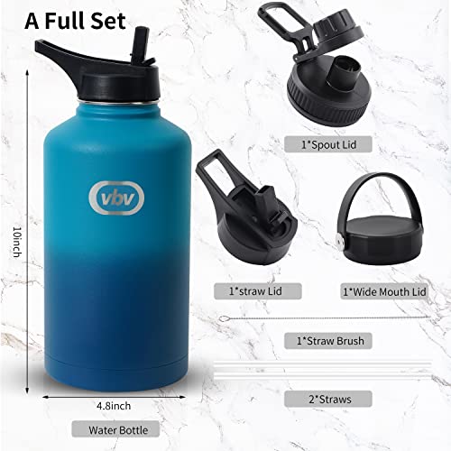 vbv Insulated Water Bottle - 64 Oz, 3 Lids (Straw Lid), Half Gallon Large Metal Stainless Steel Water Jug, Big Double Wall Vacuum Flask, Leakproof Keep Cold & Hot for Sports and Travel