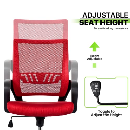Magshion Home Office Chair with Floor Mat Mid Back Mesh Desk Chair with Lumbar Support, Computer Chair Ergonomic Task Rolling Swivel Chair Mid-Back Desk Chair Adjustable Modern Chair, Red