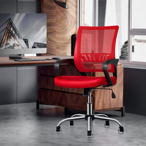Magshion Home Office Chair with Floor Mat Mid Back Mesh Desk Chair with Lumbar Support, Computer Chair Ergonomic Task Rolling Swivel Chair Mid-Back Desk Chair Adjustable Modern Chair, Red