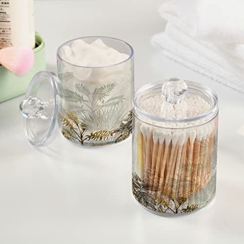 Kigai 2PCS Tropical Leaves Qtip Holder Dispenser with Lids - 14 oz Bathroom Storage Organizer Set, Clear Apothecary Jars Food Storage Containers, for Tea, Coffee, Cotton Ball, Floss