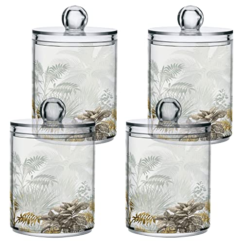 Kigai 2PCS Tropical Leaves Qtip Holder Dispenser with Lids - 14 oz Bathroom Storage Organizer Set, Clear Apothecary Jars Food Storage Containers, for Tea, Coffee, Cotton Ball, Floss
