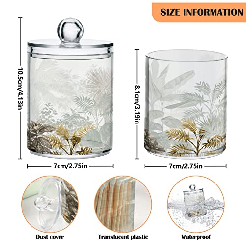 Kigai 2PCS Tropical Leaves Qtip Holder Dispenser with Lids - 14 oz Bathroom Storage Organizer Set, Clear Apothecary Jars Food Storage Containers, for Tea, Coffee, Cotton Ball, Floss