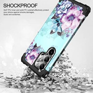 Casetego Compatible with Galaxy S23 Ultra 5G Case,Floral Three Layer Heavy Duty Sturdy Shockproof Full Body Protective Case with 2 Pack Camera Lens Protector for Samsung S23 Ultra,Blue Flower