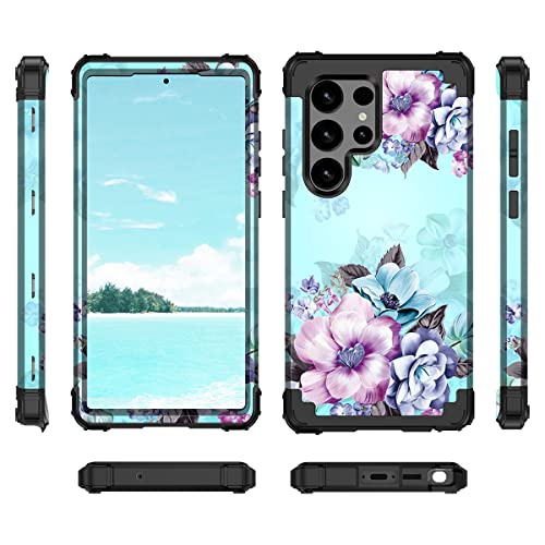 Casetego Compatible with Galaxy S23 Ultra 5G Case,Floral Three Layer Heavy Duty Sturdy Shockproof Full Body Protective Case with 2 Pack Camera Lens Protector for Samsung S23 Ultra,Blue Flower