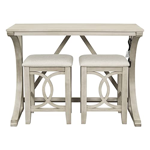 Polibi 3-Piece Farmhouse Counter Height Dining Set, Wood Kitchen Dining Table Set with USB Port and 2 Upholstered Stools for Small Places (Cream)