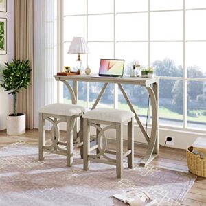 Polibi 3-Piece Farmhouse Counter Height Dining Set, Wood Kitchen Dining Table Set with USB Port and 2 Upholstered Stools for Small Places (Cream)