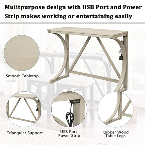 Polibi 3-Piece Farmhouse Counter Height Dining Set, Wood Kitchen Dining Table Set with USB Port and 2 Upholstered Stools for Small Places (Cream)