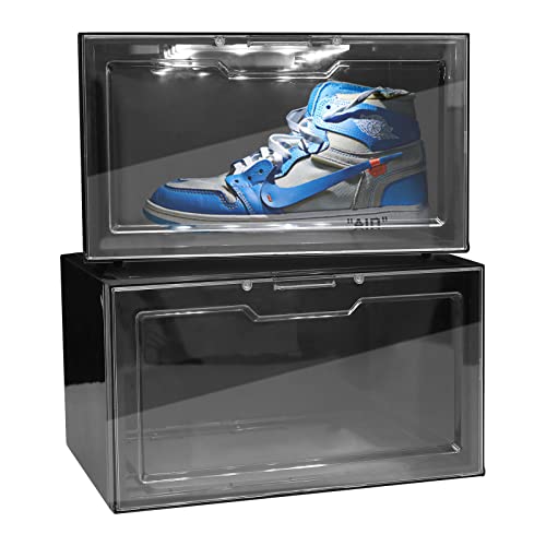 Boshen 1 Pack LED Shoe Display Cases with Voice Control Stackable Extra Large Sneaker Storage Box Magnetic Drop Side Shoe Collection Organizer for Mens 13.5 & Womens 14