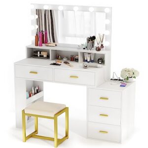 PAKASEPT Vanity Set with Lighted Mirror, Modern Makeup Vanity Dressing Table with 12 LED Bulbs & Power Outlet, Vanity Desk with 5 Drawers, Storage Stool for Bedroom (White)