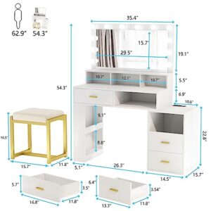 PAKASEPT Vanity Set with Lighted Mirror, Modern Makeup Vanity Dressing Table with 12 LED Bulbs & Power Outlet, Vanity Desk with 5 Drawers, Storage Stool for Bedroom (White)