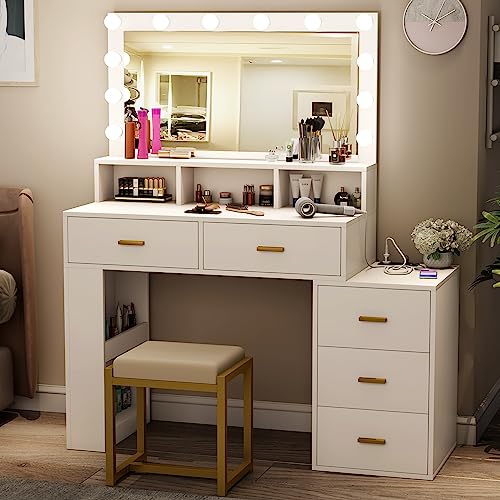 PAKASEPT Vanity Set with Lighted Mirror, Modern Makeup Vanity Dressing Table with 12 LED Bulbs & Power Outlet, Vanity Desk with 5 Drawers, Storage Stool for Bedroom (White)