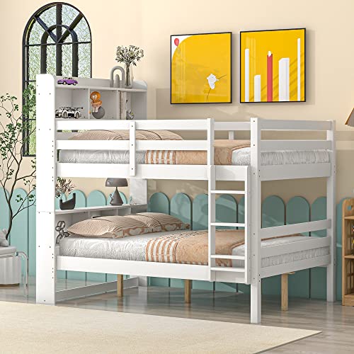 Harper & Bright Designs Full Over Bunk Beds with Bookcase Headboard, Solid Wood Bed Frame Storage, Safety Rail and Ladder, Kids/Teens Bedroom, Can Be converted into 2 Beds, White