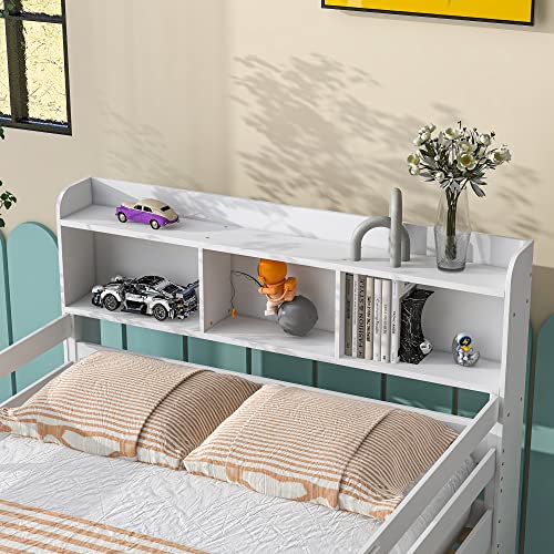 Harper & Bright Designs Full Over Bunk Beds with Bookcase Headboard, Solid Wood Bed Frame Storage, Safety Rail and Ladder, Kids/Teens Bedroom, Can Be converted into 2 Beds, White