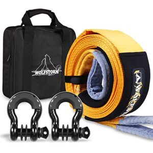 wolfstorm 20 feet heavy duty tow straps with d ring shackles,41800 lbs break strength,towing recovery straps,winch extension emergency off road kits,protective sleeves and storage bag