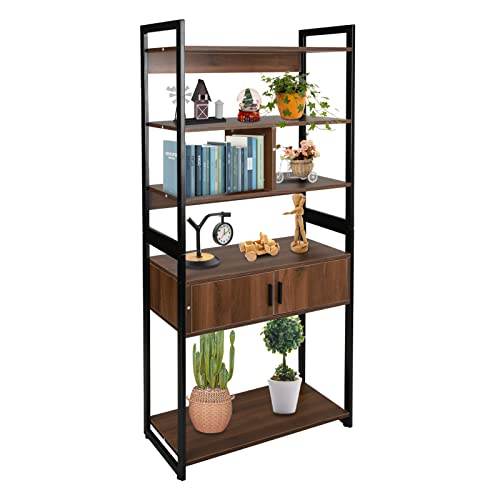 ECOMEX Bookshelf, Tall Bookcase Shelf Storage Organizer with Drawer, Free Standing Display Shelving Units with 5-Tier Shelves,Industrial Bookshelves for Home Bedroom, Kitchen-B