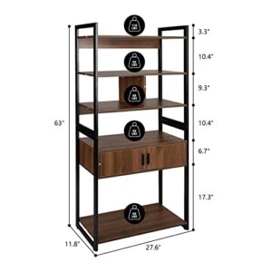 ECOMEX Bookshelf, Tall Bookcase Shelf Storage Organizer with Drawer, Free Standing Display Shelving Units with 5-Tier Shelves,Industrial Bookshelves for Home Bedroom, Kitchen-B