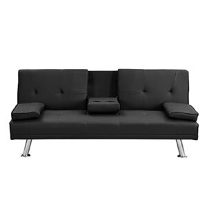 moeo convertible folding faux leather futon sofa bed, modern lounge couch with 2 cup holders removable soft armrests and sturdy metal legs for home, living room, black