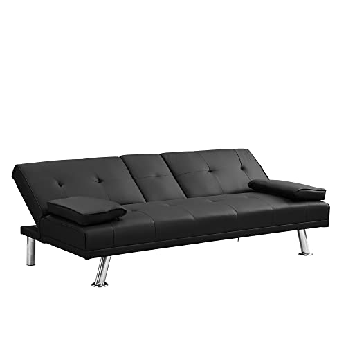 MOEO Convertible Folding Faux Leather Futon Sofa Bed, Modern Lounge Couch with 2 Cup Holders Removable Soft Armrests and Sturdy Metal Legs for Home, Living Room, Black