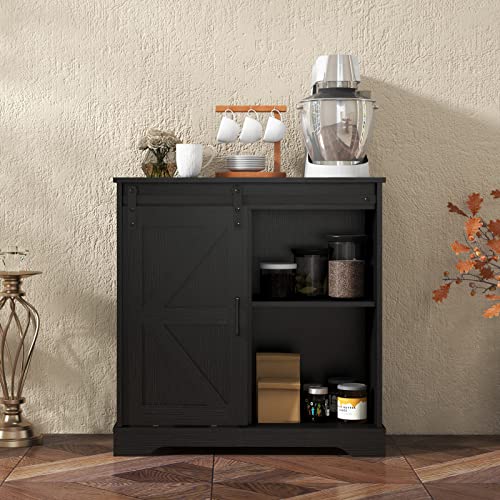 Panana Sliding Barn Door Buffet Sideboard Storage Cabinet Coffee Bar Kitchen Farmhouse Style (Black)