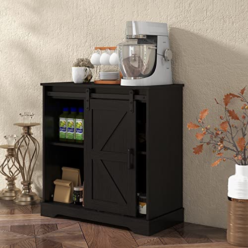 Panana Sliding Barn Door Buffet Sideboard Storage Cabinet Coffee Bar Kitchen Farmhouse Style (Black)