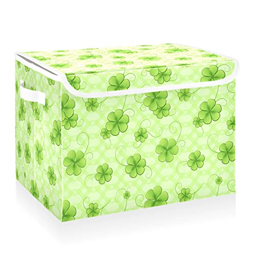 CaTaKu Shamrock Green Storage Bins with Lids and Handles, Fabric Large Storage Container Cube Basket with Lid Decorative Storage Boxes for Organizing Clothes