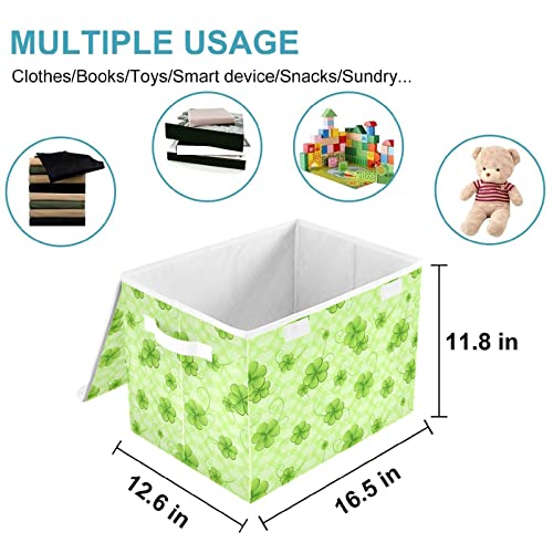 CaTaKu Shamrock Green Storage Bins with Lids and Handles, Fabric Large Storage Container Cube Basket with Lid Decorative Storage Boxes for Organizing Clothes