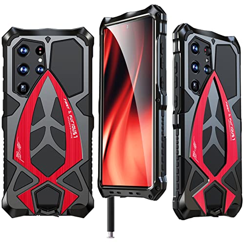 KumWum Armor Phone Case for Samsung Galaxy S23 Ultra Military Grade Drop Protection Cover S23Ultra 5G Heavy Duty Hybrid Metal Bumper Built-in Silicone Shockproof Dustproof - Black + Red