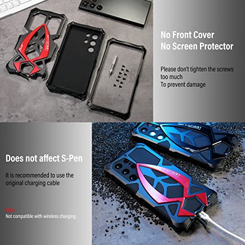 KumWum Armor Phone Case for Samsung Galaxy S23 Ultra Military Grade Drop Protection Cover S23Ultra 5G Heavy Duty Hybrid Metal Bumper Built-in Silicone Shockproof Dustproof - Black + Red