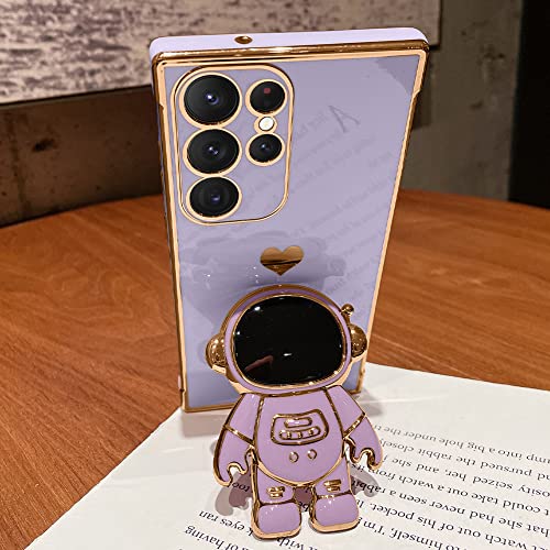 AIGOMARA 6D Plating Astronaut Hidden Stand Case Cover for Samsung Galaxy S23 Ultra 5G Women Astronaut Folding Bracket Kickstand iPhone Case with Camera Protector Soft TPU Shockproof Bumper - Purple